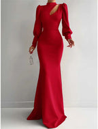 Mermaid Evening Gown Elegant Dress Formal Christmas Red Green Dress Sweep / Brush Train Long Sleeve High Neck Satin with Ruched