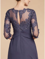 A-Line Mother of the Bride Dress Wedding Guest Elegant Scoop Neck Ankle Length Chiffon Lace 3/4 Length Sleeve with Ruching
