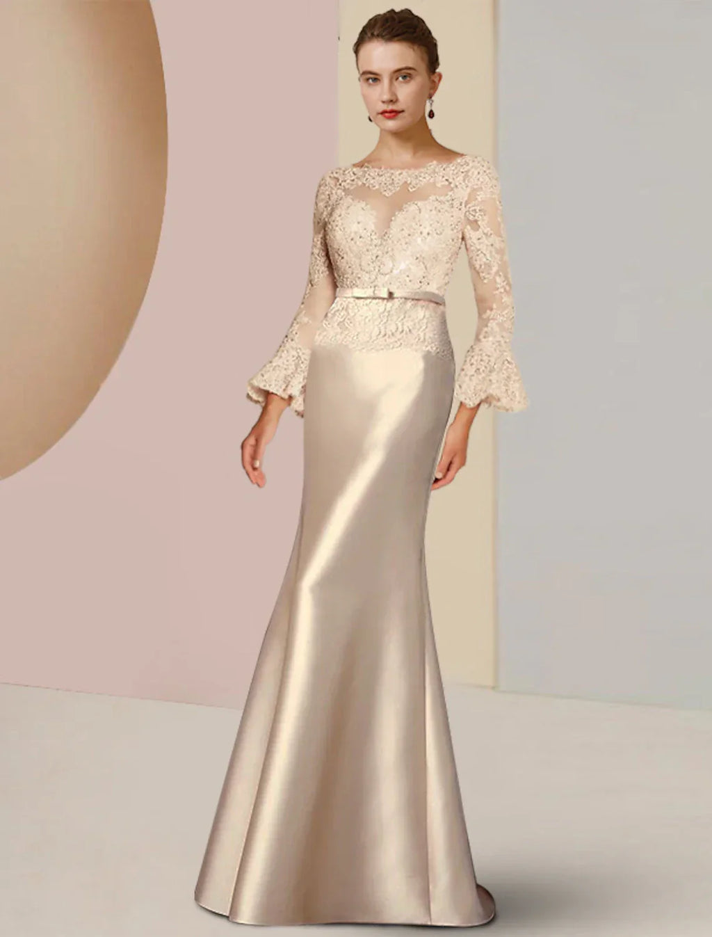 Mother Of The Bride Satin Lace Beaded Appliques Sheath Dress With Scoop Neck And Sweep Train For Wedding Guests