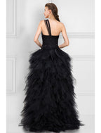 Ball Gown Prom Dresses Black Dress Masquerade Asymmetrical Sleeveless One Shoulder Tulle Ladder Back with Pure Color