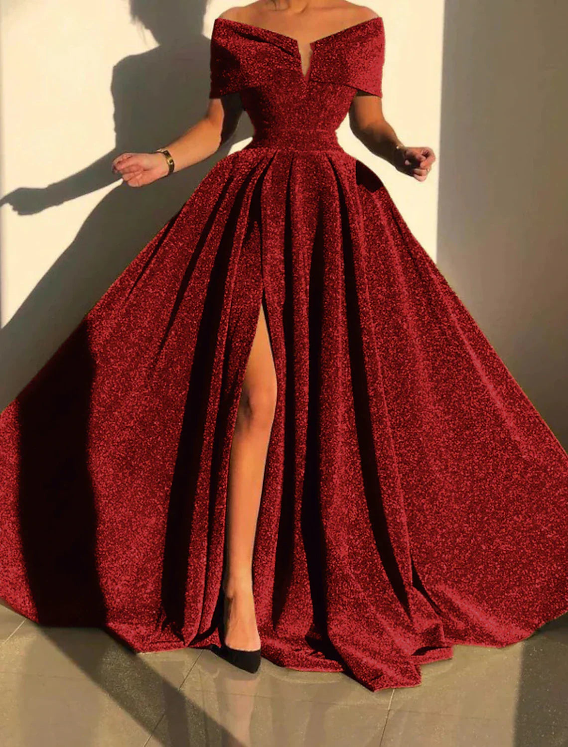 A-Line Sequin Evening Gown Prom Silver Green Sparkle & Shine Black Party Formal Dress Formal Fall Court Train Sleeveless Off Shoulder Slit