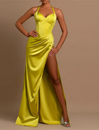 Mermaid / Trumpet Evening Gown Corsets Dress Formal Wedding Guest Floor Length Sleeveless Halter Neck Satin with Ruched
