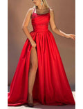 A-Line Evening Gown Glittering Dress Formal Christmas Court Train Sleeveless Spaghetti Strap Satin with Ruched Sequin