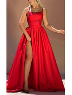 A-Line Evening Gown Glittering Dress Formal Christmas Court Train Sleeveless Spaghetti Strap Satin with Ruched Sequin