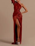 Mermaid / Trumpet Evening Gown High Split Dress Christmas Prom Sweep / Brush Train Long Sleeve One Shoulder Satin with Ruched