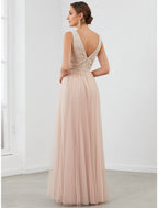 A-Line Evening Gown Elegant Dress Wedding Guest Floor Length Sleeveless V Neck Tulle V Back with Sequin Draping