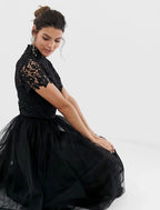 A-Line Cocktail Dresses Little Black Dress Dress Party Wear Wedding Guest Tea Length Short Sleeve High Neck Wednesday Addams Family Lace with Pleats