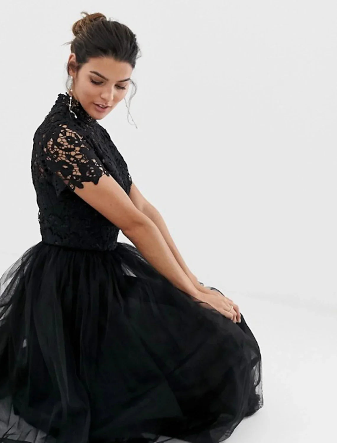 A-Line Cocktail Dresses Little Black Dress Dress Party Wear Wedding Guest Tea Length Short Sleeve High Neck Wednesday Addams Family Lace with Pleats