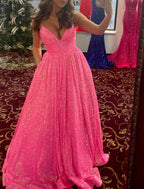 A-Line Prom Dresses Sparkle & Shine Dress Party Wear Wedding Guest Floor Length Sleeveless Spaghetti Strap Sequined with Glitter Sequin