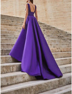 A-Line Celebrity Style Minimalist Elegant Engagement Prom Dress V Neck Sleeveless Court Train Satin with Slit Overskirt