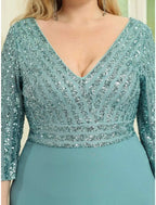 A-Line Evening Gown Plus Size Dress Wedding Guest Floor Length  Length Sleeve V Neck Chiffon V Back with Sequin