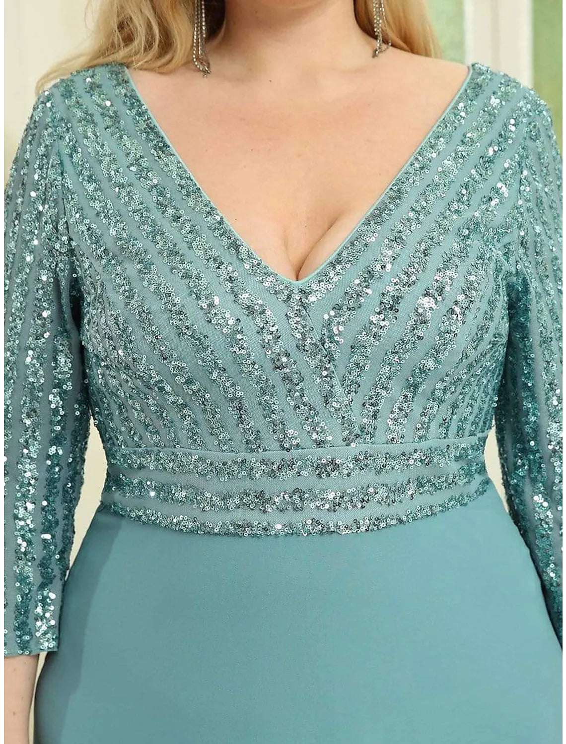 A-Line Evening Gown Plus Size Dress Wedding Guest Floor Length  Length Sleeve V Neck Chiffon V Back with Sequin