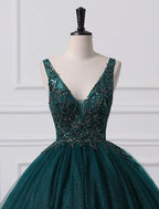 Prom Dresses Sparkle Shine Dress Quinceanera Floor Length Sleeveless V Neck Tulle with Sequin Appliques