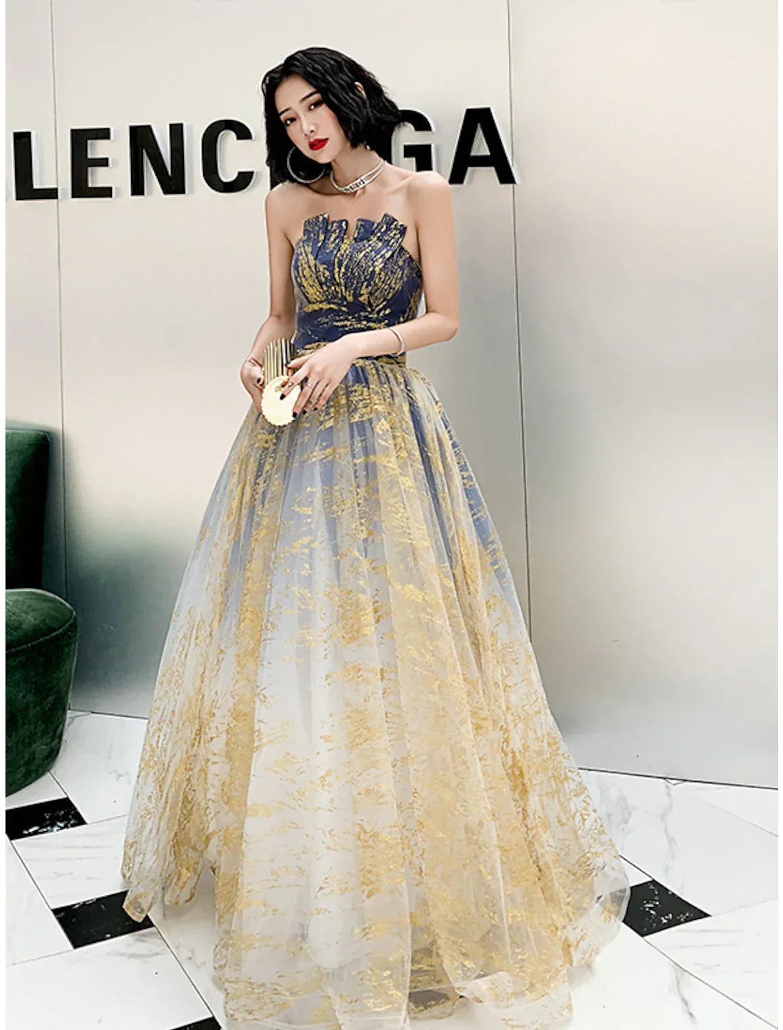 A-Line Color Block Sparkle Engagement Prom Dress Strapless Sleeveless Floor Length Sequined with Sequin