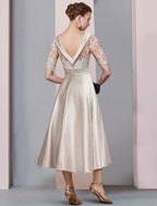 A-Line Mother of the Bride Dress Wedding Vintage Elegant   Lace Half Sleeve with Ruched Appliques