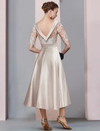 A-Line Mother of the Bride Dress Wedding Guest Elegant Vintage Scoop Neck Tea Length Satin Lace Half Sleeve with Ruched Appliques