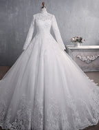 Engagement Formal Wedding Dresses Princess Long Sleeve High Neck Lace Appliques