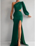 A-Line Evening Gown Elegant Dress Formal Sweep / Brush Train Christmas Red Green Dress Long Sleeve One Shoulder Stretch Fabric with Pleats Ruched Slit