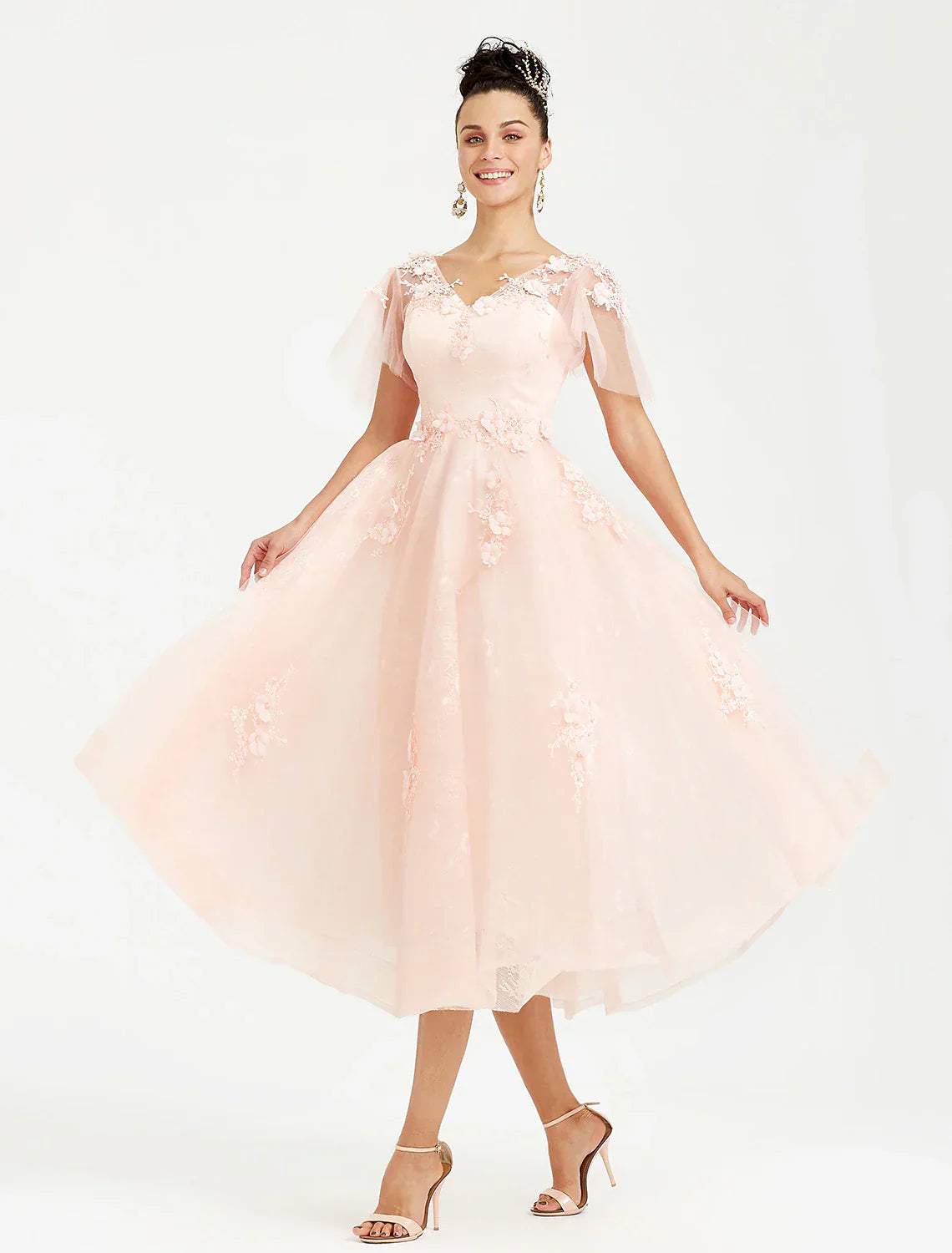 A-Line Prom Dresses Elegant Dress Wedding Guest Tea Length Short Sleeve V Neck Tulle with Appliques