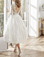 A-Line Party Dresses Floral Dress Homecoming Prom Tea Length Long Sleeve Jewel Neck Polyester Backless with Appliques