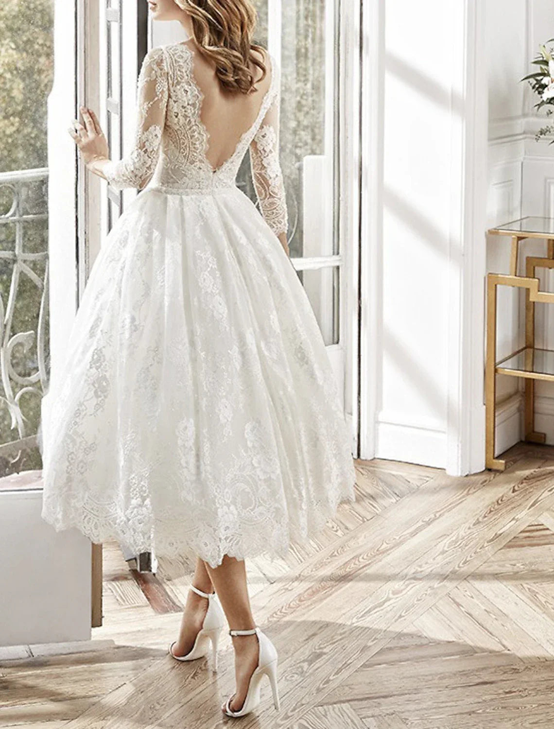 A-Line Party Dresses Floral Dress Homecoming Prom Tea Length Long Sleeve Jewel Neck Polyester Backless with Appliques
