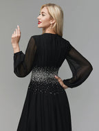 A-Line Evening Dress Celebrity Red Carpet Formal Gown Party Dress Black Tie Wedding Guest Floor Length Long Sleeve V Neck Chiffon with Sequin