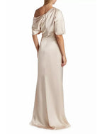 A-Line Mother of the Bride Dress Formal Wedding Guest Elegant Simple Off Shoulder Floor Length Charmeuse Short Sleeve with Side Draping Side-Draped Solid Color