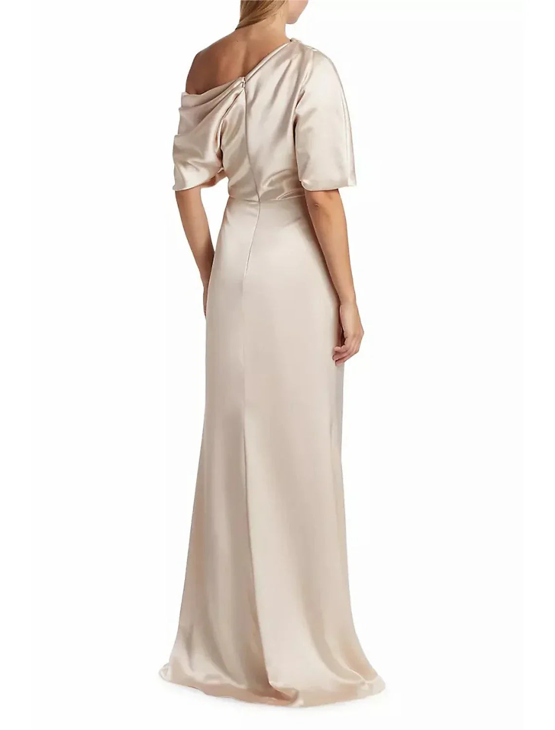 A-Line Mother of the Bride Dress Formal Wedding Guest Elegant Simple Off Shoulder Floor Length Charmeuse Short Sleeve with Side Draping Side-Draped Solid Color