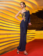 Celebrity Style Party Wear Formal Evening Dress One Shoulder Long Sleeve Ankle Length Beading