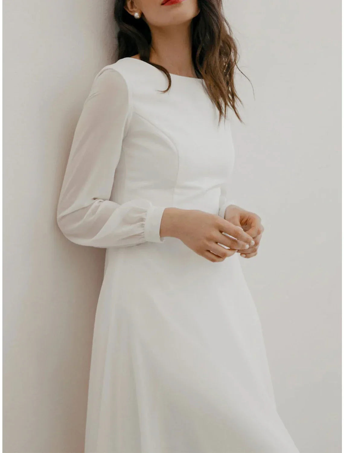 A-Line Cocktail Dresses Little White Dresses Dress Wedding Reception Tea Length Long Sleeve Jewel Neck Fall Wedding Guest Cotton V Back with Ruffles Pure Color