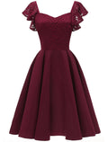 A-Line Cocktail Dresses Vintage Dress Party Wear Wedding Guest Knee Length Short Sleeve V Neck Spandex with Lace