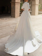 Royal Style Satin A Line Bridal Gown For Brides To Be Sweetheart Half Sleeve With Ruffles Appliques