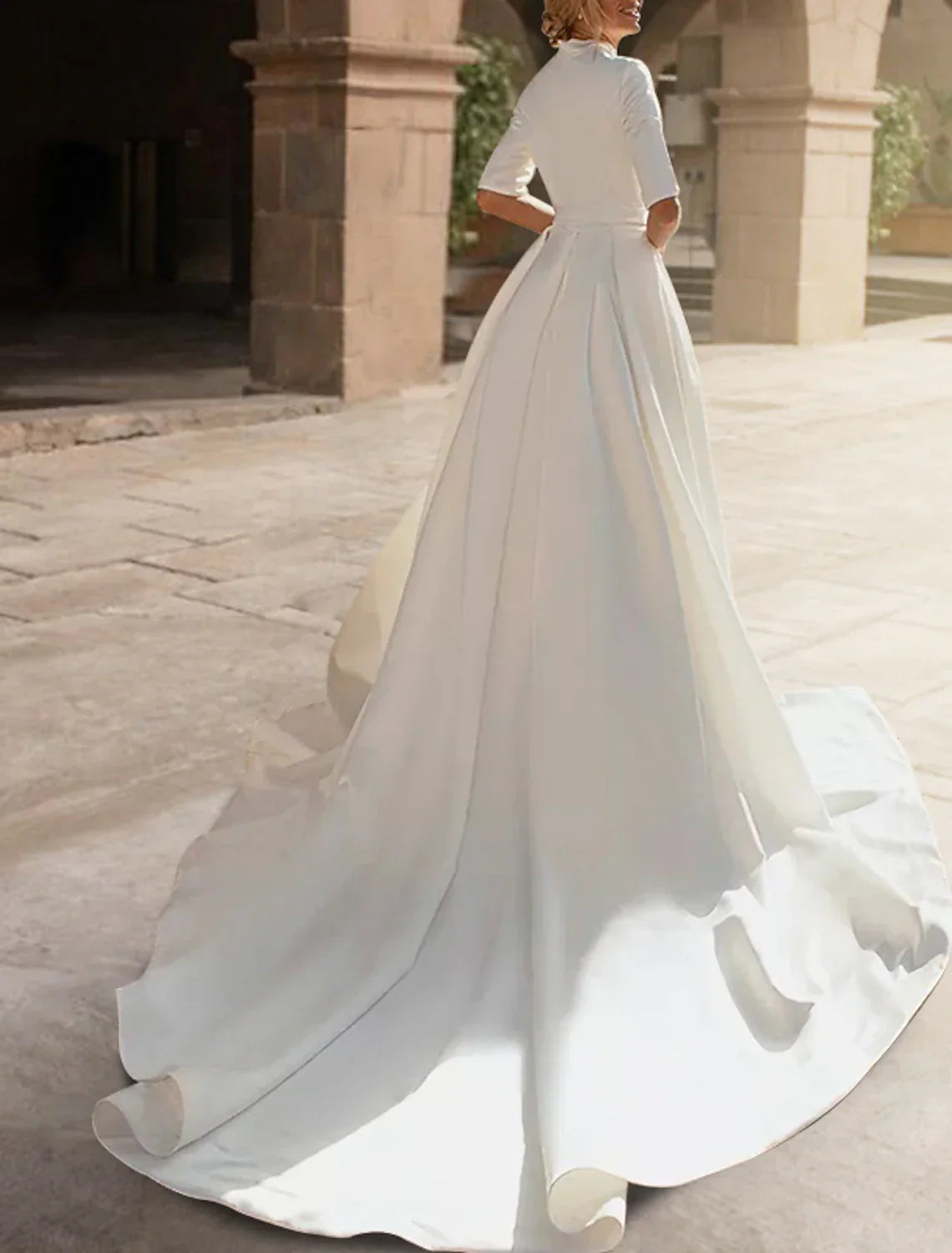 Royal Style Satin A Line Bridal Gown For Brides To Be Sweetheart Half Sleeve With Ruffles Appliques