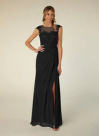 Black Dress A-Line Scoop Neck Sequins Mother of the Groom Dresses Elegant Illusion Cap Sleeves Leg Slit Evening Dress