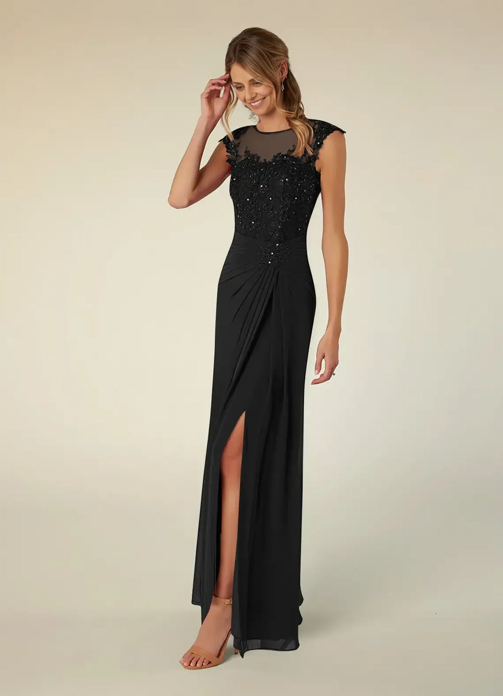 Black Dress A-Line Scoop Neck Sequins Mother of the Groom Dresses Elegant Illusion Cap Sleeves Leg Slit Evening Dress