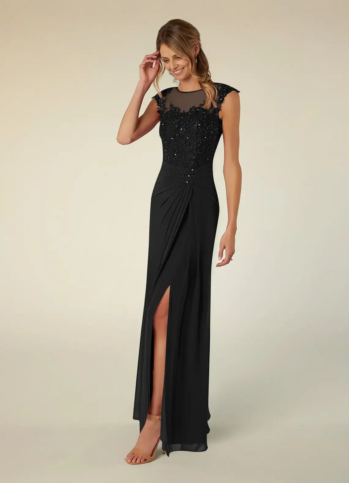 Black Dress A-Line Scoop Neck Sequins Mother of the Groom Dresses Elegant Illusion Cap Sleeves Leg Slit Evening Dress