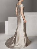 A-Line Mother of the Bride Dress Formal Wedding Guest Elegant Scoop Neck Off Shoulder Floor Length Ankle Length Italy Satin Cap Sleeve with Ruching