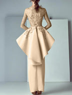 Sheath / Column Mother of the Bride Dress Formal Wedding Guest Party Elegant Scoop Neck Floor Length Lace Stretch Fabric Long Sleeve with Ruffles Appliques