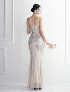 Mermaid / Trumpet Evening Gown Sparkle & Shine Dress Formal Floor Length Short Sleeve Spaghetti Strap Polyester with Beading Sequin