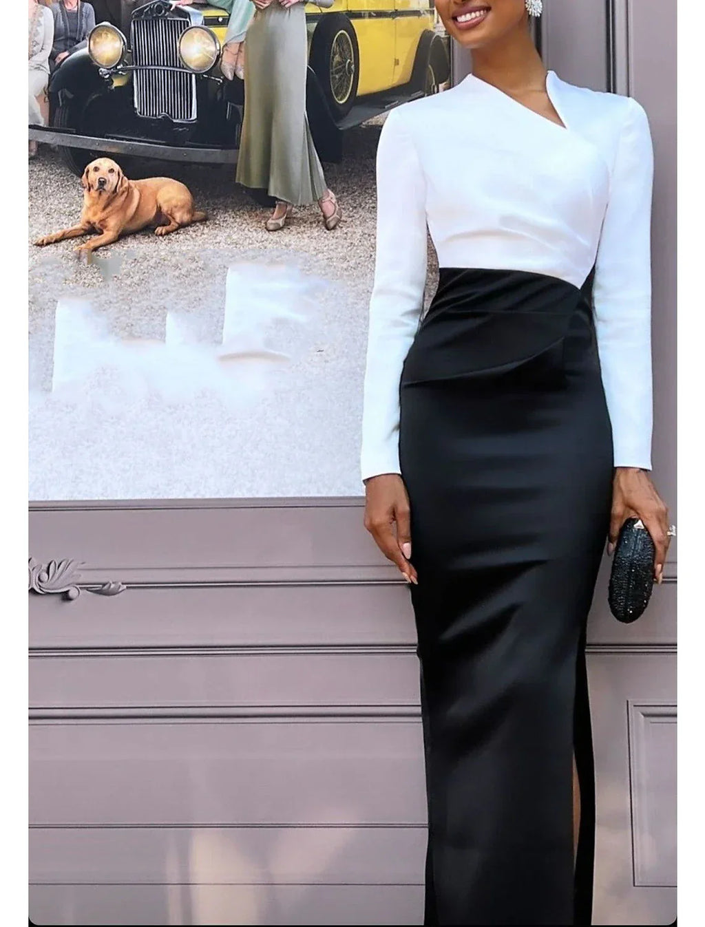 Sheath Black Dress Evening Gown Elegant Dress Formal Wedding Guest Floor Length Long Sleeve V Neck Stretch Fabric with Slit