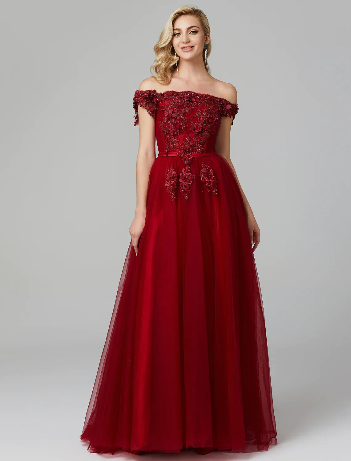 A-Line Floral Dress Wedding Sleeveless Off Shoulder Tulle Over Lace with Appliques