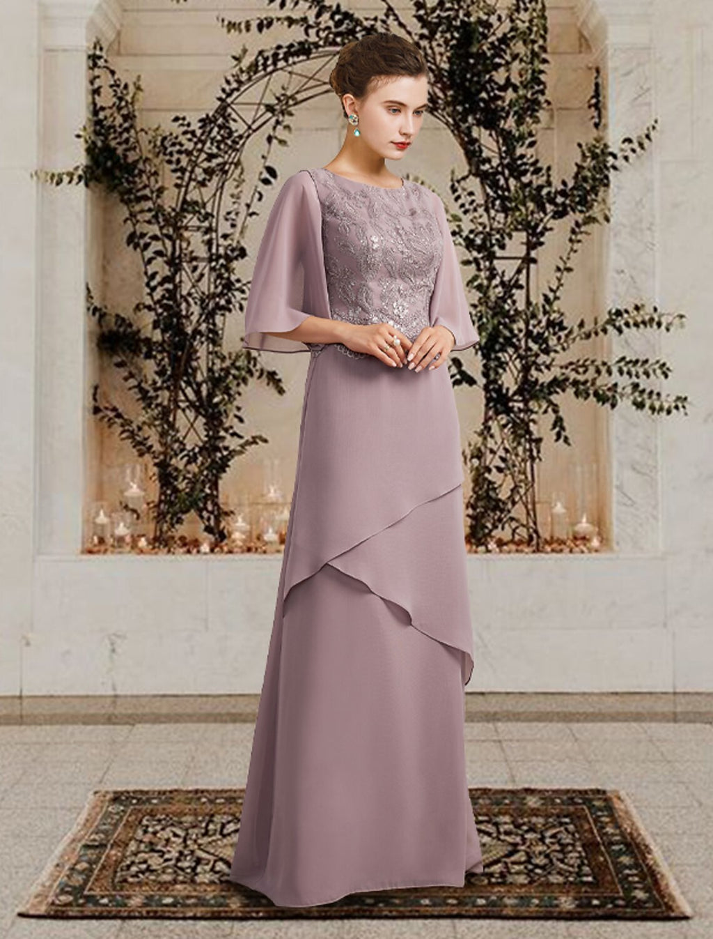 Mother of the Bride Dress Plus Size Elegant Jewel Neck Floor Length Chiffon Lace Short Sleeve with Ruffles Appliques