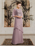 Mother of the Bride Dress Plus Size Elegant Jewel Neck Floor Length Chiffon Lace Short Sleeve with Ruffles Appliques