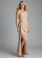 Sleek Satin Bridesmaid Dresses with One-Shoulder Neckline, Ruched Waist Detail and High Slit Formal Gown