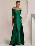 Guaina/Colonna Abito da madre della sposa Abito da invitata a un matrimonio formale Abito da festa elegante formale in raso a mezza manica con scollo a barca lungo fino al pavimento con sovragonna arricciata
