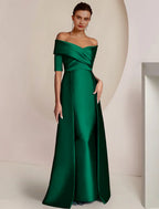 Guaina/Colonna Abito da madre della sposa Abito da invitata a un matrimonio formale Abito da festa elegante formale in raso a mezza manica con scollo a barca lungo fino al pavimento con sovragonna arricciata