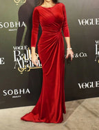Sheath / Column Celebrity Style Minimalist Wedding Guest Formal Evening Dress Jewel Neck 3/4 Length Sleeve Sweep / Brush Train Velvet with Draping