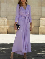 A-Line Mother of the Bride Dress Formal Wedding Guest Elegant V Neck Ankle Length Chiffon 3/4 Length Sleeve with Ruching Solid Color