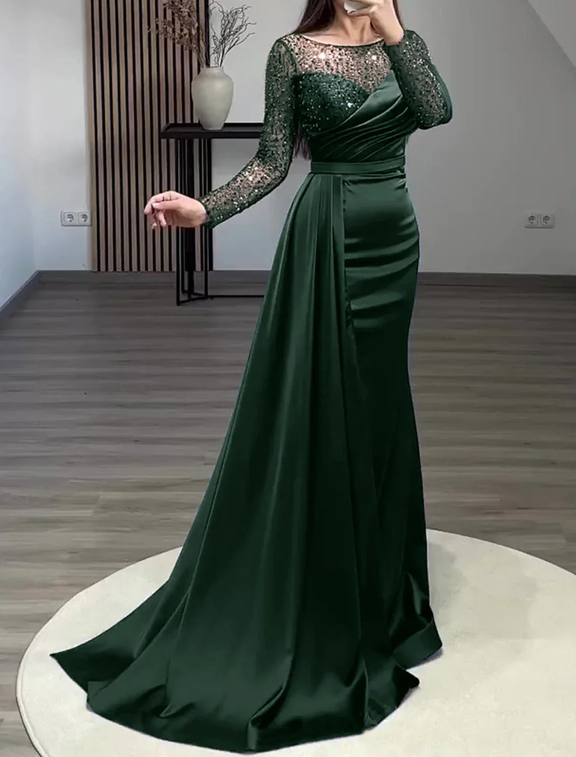 Mermaid Dress Evening Gown Christmas Red Green Dress Formal Wedding Guest Court Train Long Sleeve Jewel Neck Charmeuse with Ruched Pearls Sequin
