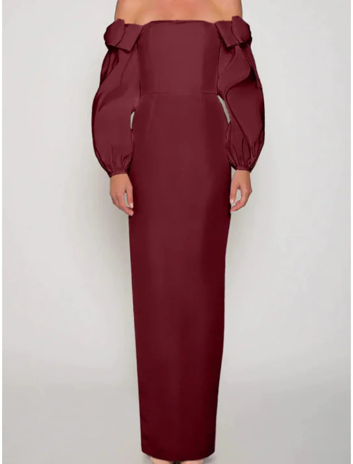 Sheath / Column Evening Gown Elegant Dress Formal Christmas Ankle Length Long Sleeve Off Shoulder Satin with Bow(s) Ruched